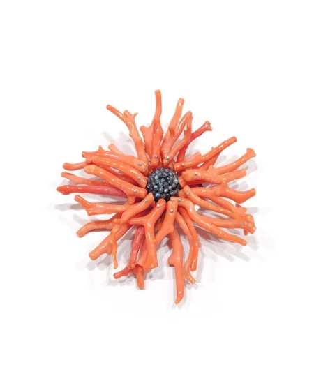 Broche Malafimmina en Argent avec Corail Orange et Labradorite