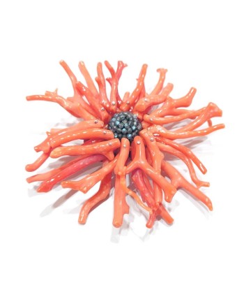 Spilla Malafimmina in Argento con Corallo Arancio e Labradorite