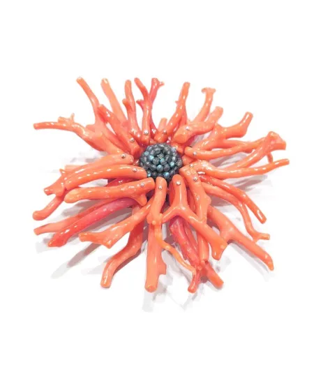 Spilla Malafimmina in Argento con Corallo Arancio e Labradorite