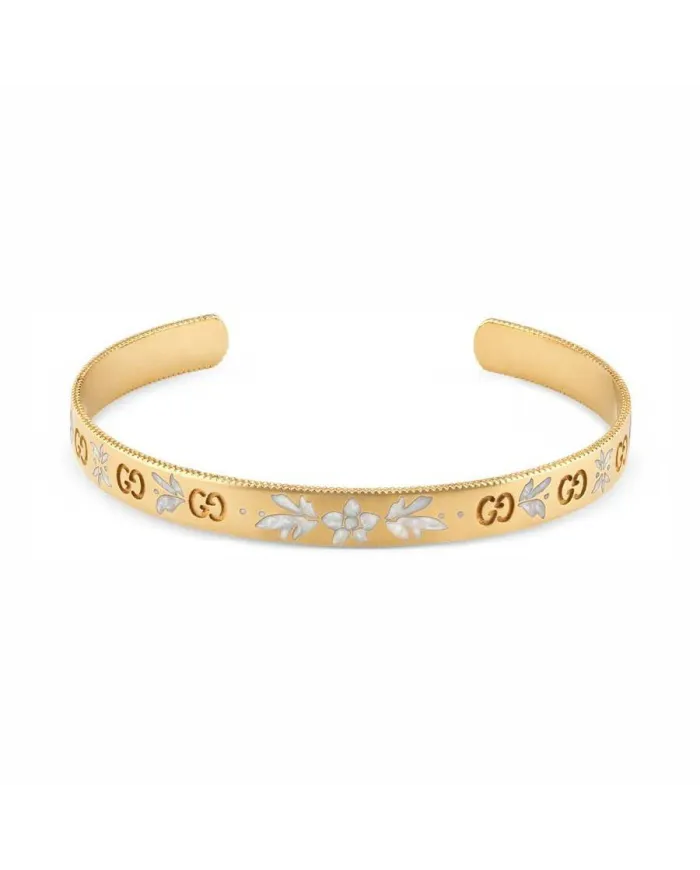 Gucci Icon Blooms Bangle in Yellow Gold with White Enamel