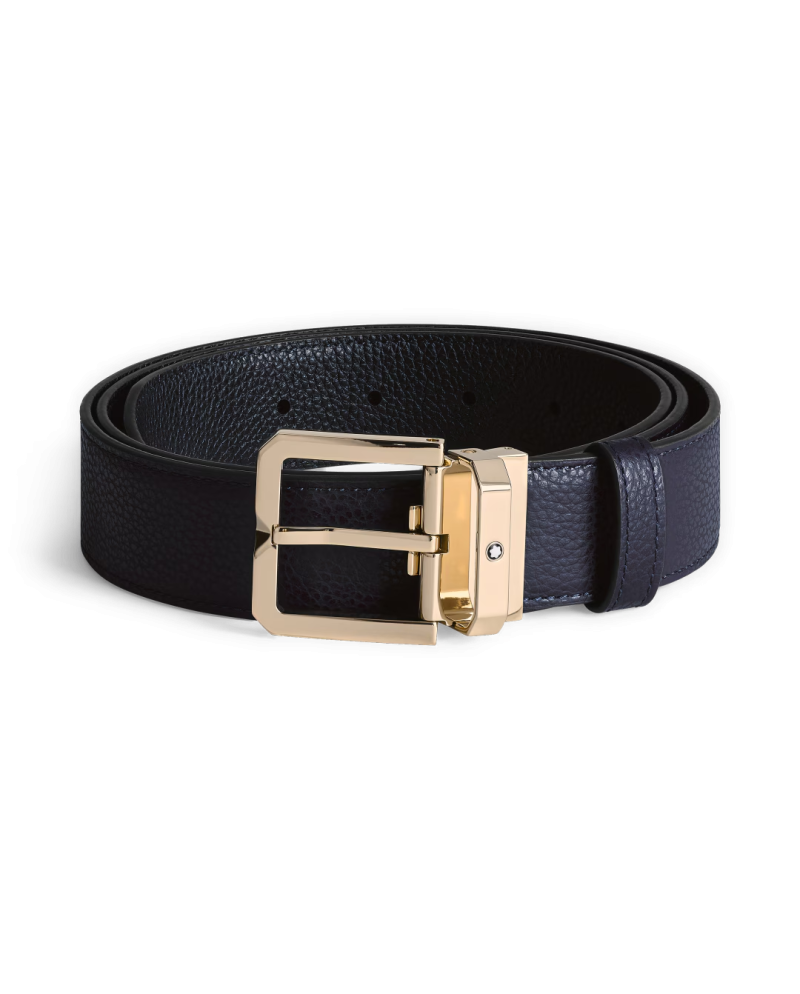 Ceinture Montblanc en cuir réversible bleu/noir avec boucle carrée