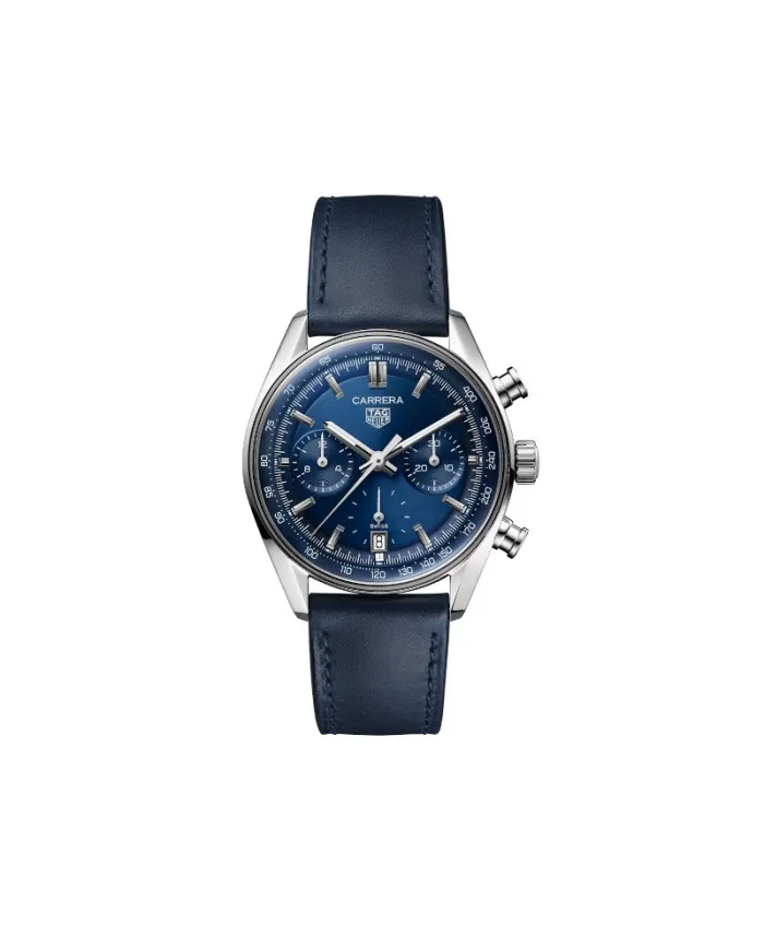 Chronographe automatique Tag Heuer Carrera Glassbox bleu avec bracelet en cuir