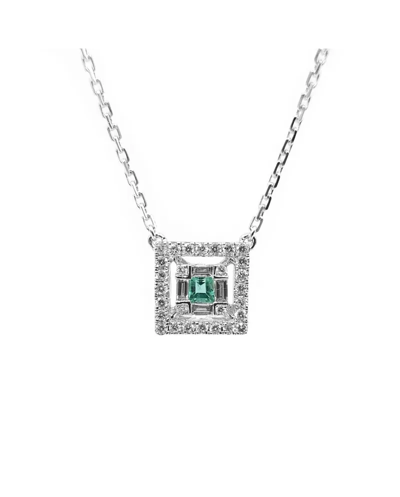 Collier ras de cou Crivelli en or blanc avec pavé de diamants et émeraude