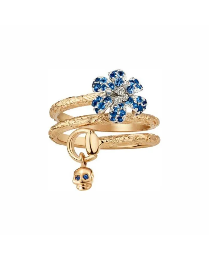 Gucci Flora Ring with Skull in Rose and White Gold and Flower in Diamonds and Blue Sapphires