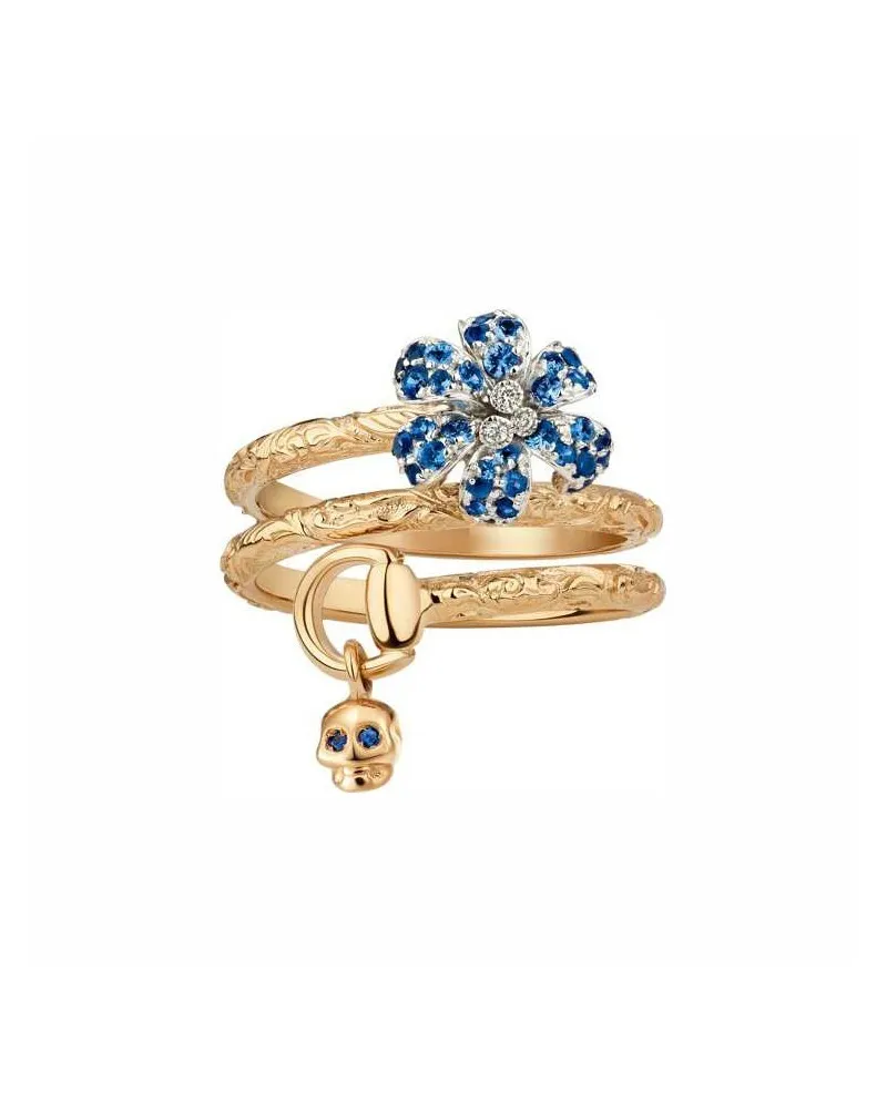 Anello Gucci Flora con Teschio in Oro Rosa e Bianco e Fiore in Diamanti e Zaffiri Blu