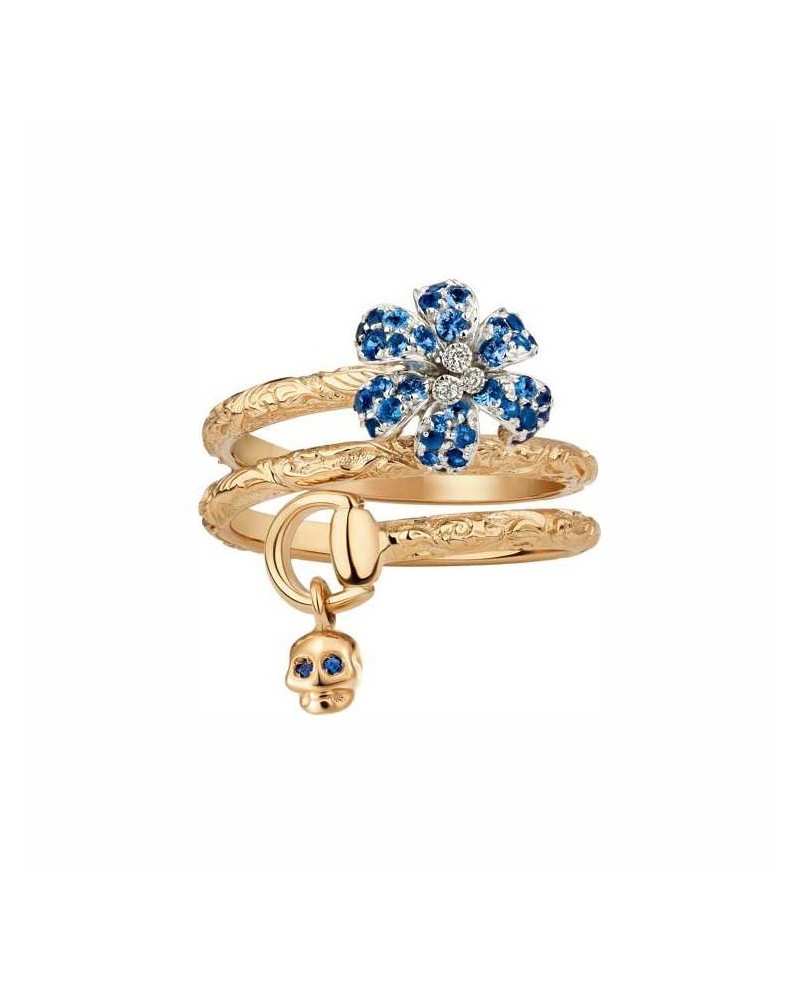 Bague Gucci Flora ornée d'une tête de mort en or rose et blanc et d'une fleur en diamants et saphirs bleus