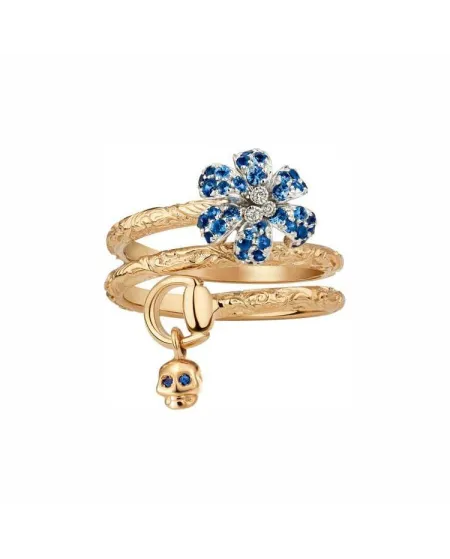 Bague Gucci Flora ornée d'une tête de mort en or rose et blanc et d'une fleur en diamants et saphirs bleus