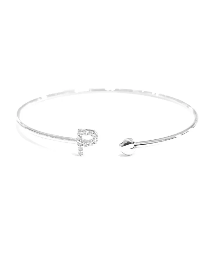Bracelet Crivelli Rigide Ouvert en Or Blanc Lettre "P" avec Diamants et Coeur