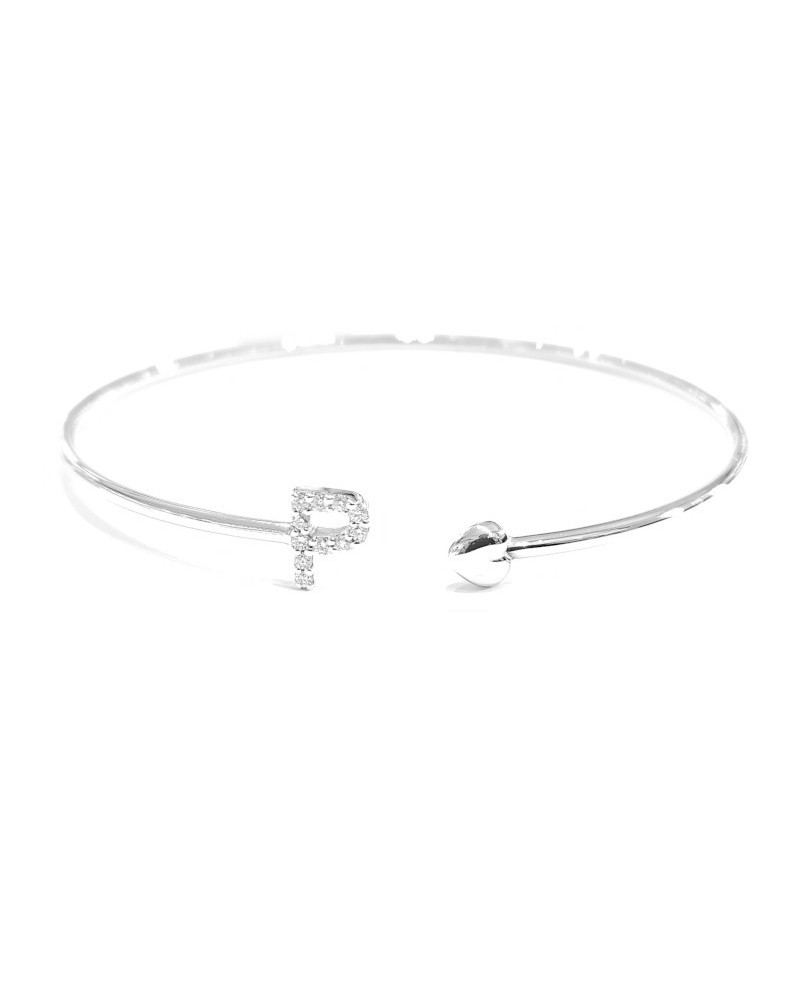 Rigid Open Crivelli Bracelet in White Gold Letter "P" with Diamonds and Heart