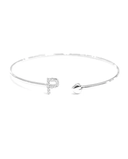 Bracelet Crivelli Rigide Ouvert en Or Blanc Lettre "P" avec Diamants et Coeur