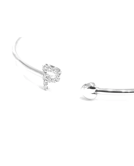 Rigid Open Crivelli Bracelet in White Gold Letter "P" with Diamonds and Heart