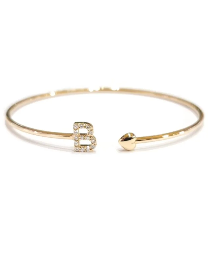 Bracciale Rigido Aperto Crivelli in Oro Rosa Lettera "B" con Diamanti e Cuore