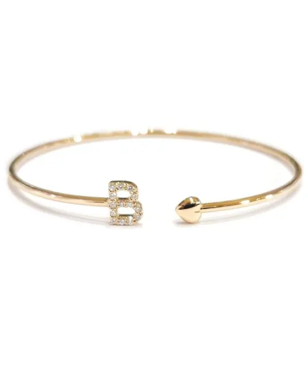 Bracelet ouvert rigide Crivelli en or rose lettre "B" avec diamants et cœur