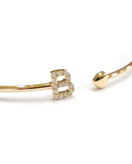 Bracelet ouvert rigide Crivelli en or rose lettre "B" avec diamants et cœur