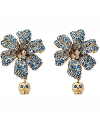 Boucles d'oreilles Gucci Flora en or jaune avec pendentif fleur et crâne, diamants et saphirs bleus