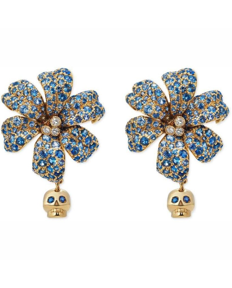 Boucles d'oreilles Gucci Flora en or jaune avec pendentif fleur et crâne, diamants et saphirs bleus