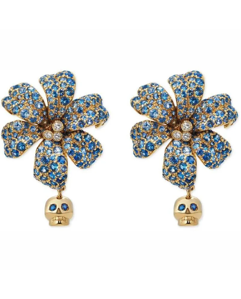 Orecchini Gucci Flora in Oro Giallo con Fiore e Teschio Pendente, Diamanti e Zaffiri Blu Orecchini Gucci Flora in Oro Giallo con Fiore e Teschio Pendente, Diamanti e Zaffiri Blu