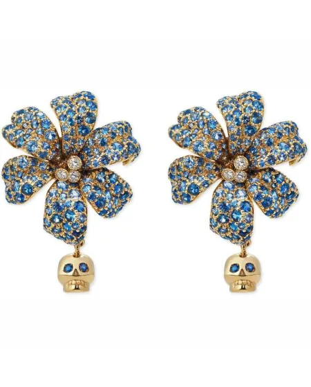 Orecchini Gucci Flora in Oro Giallo con Fiore e Teschio Pendente, Diamanti e Zaffiri Blu
