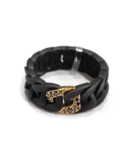 Anello Anteo Elastic in Titanio Gun Metal e Oro con Diamanti Neri