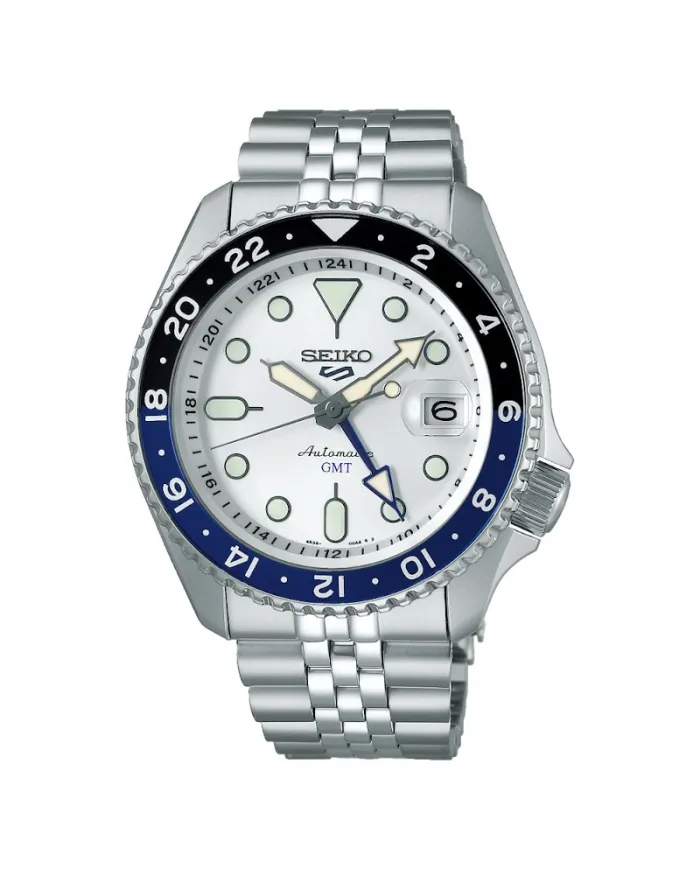 Seiko 5 Sports GMT Watch White Dial Stainless Steel Strap