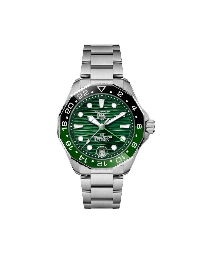 Orologio Tag Heuer Aquaracer Professional 300 GMT con Quadrante Verde e Cinturino in Acciaio