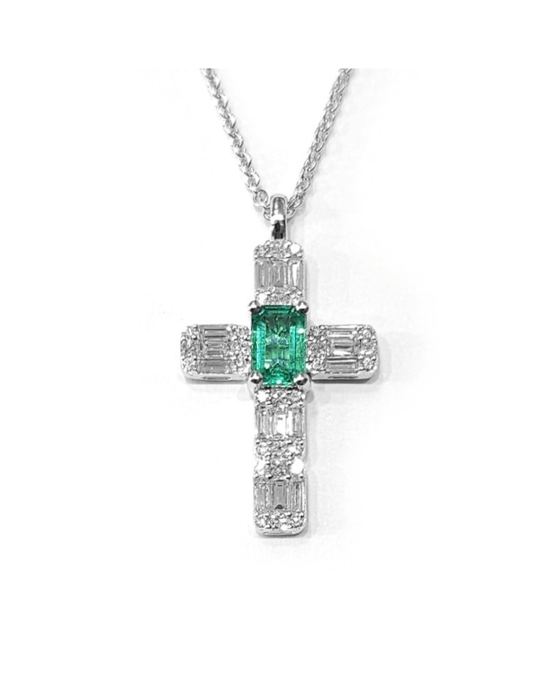 Crivelli Choker in White Gold and Cross with Diamonds and Emerald