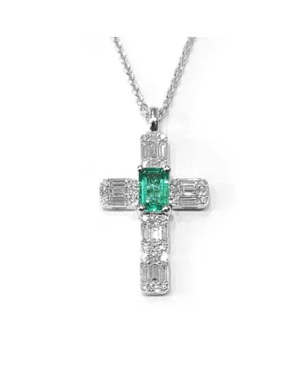 Tour de cou Crivelli en or blanc et croix avec diamants et émeraude