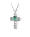 Tour de cou Crivelli en or blanc et croix avec diamants et émeraude