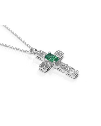 Crivelli Choker in White Gold and Cross with Diamonds and Emerald