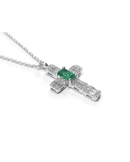Girocollo Crivelli in Oro Bianco e Croce con Diamanti e Smeraldo