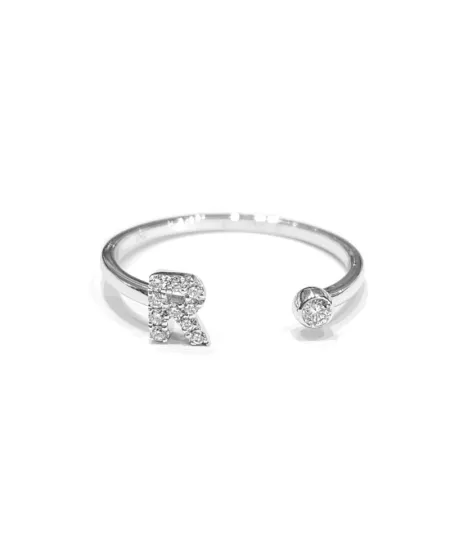 Anello Aperto Crivelli in Oro Bianco con Diamanti e Lettera "R"