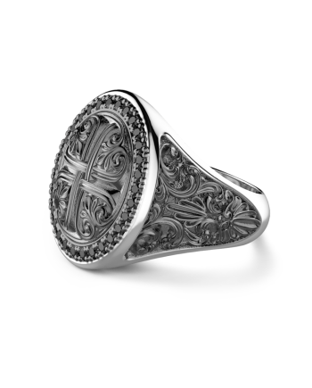 Zancan Gotik Men's Ring in Rhodium-Plated Silver and Matte Black with Black Spinels