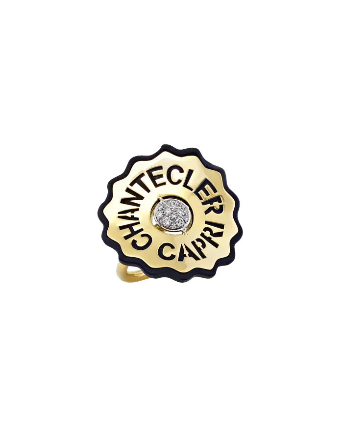 Chantecler Logo Ring in Yellow Gold and Diamonds and Black Resin