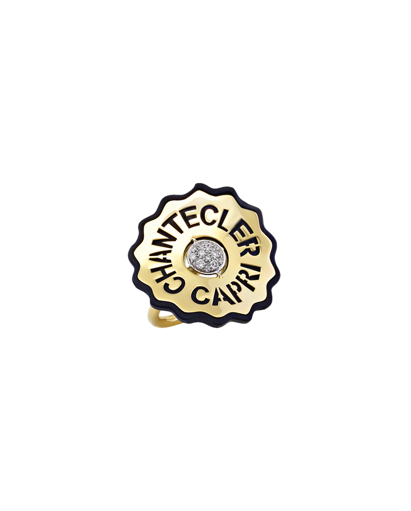 Bague Chantecler Logo en Or Jaune et Diamants et Résine Noire