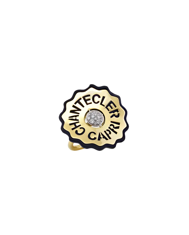 Chantecler Logo Ring in Yellow Gold and Diamonds and Black Resin