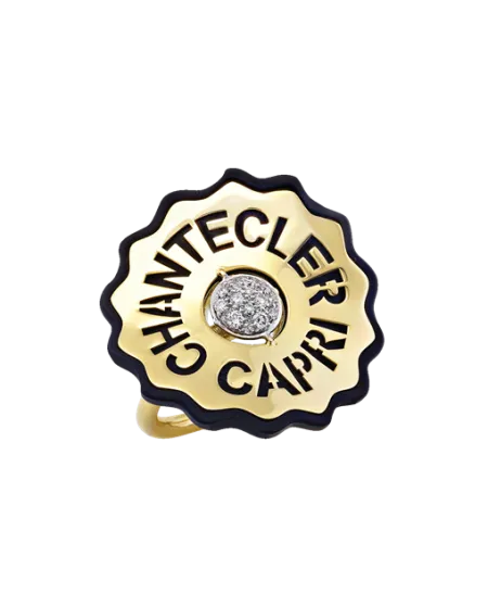 Anello Chantecler Logo in Oro Giallo e Diamanti e Resina Nera