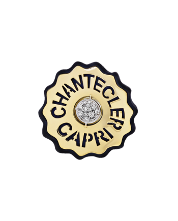 Chantecler Logo Ring in Yellow Gold and Diamonds and Black Resin