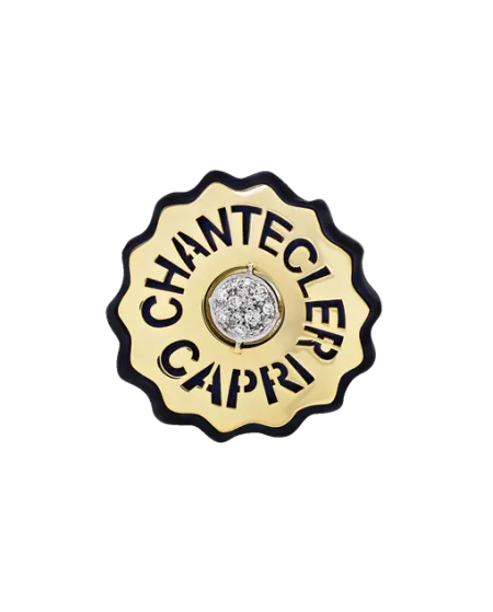 Chantecler Logo Ring in Yellow Gold and Diamonds and Black Resin