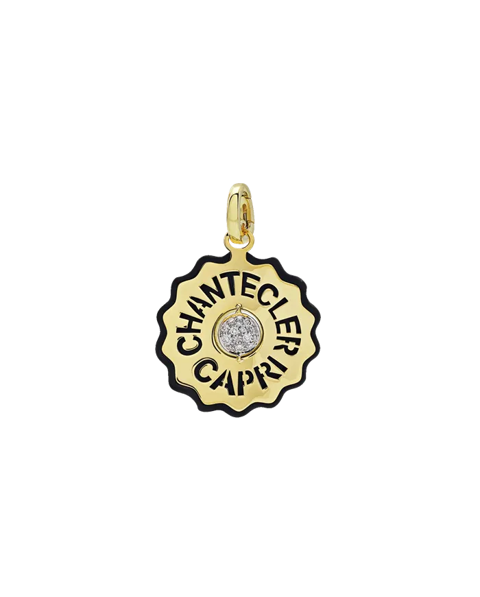 Chantecler Medium Logo Pendant in Yellow Gold and Diamonds and Black Resin