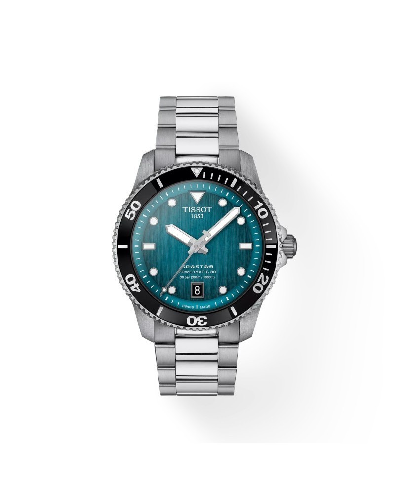Tissot Seastar 1000 Powermatic 80 Watch with Turquoise Dial and Steel Strap