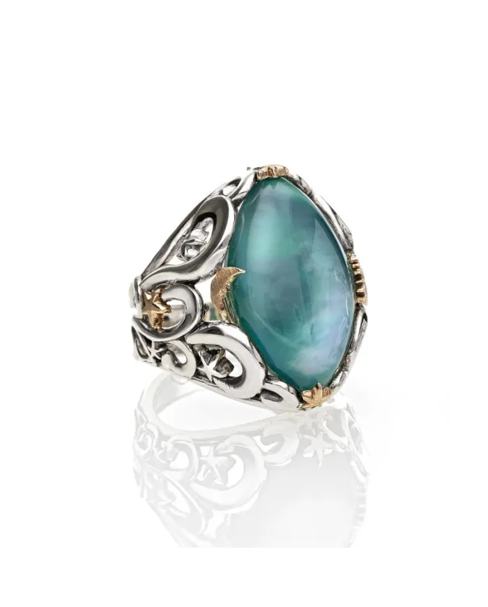 Bague Stardust de'Nobili en argent et or avec quartz navette vert