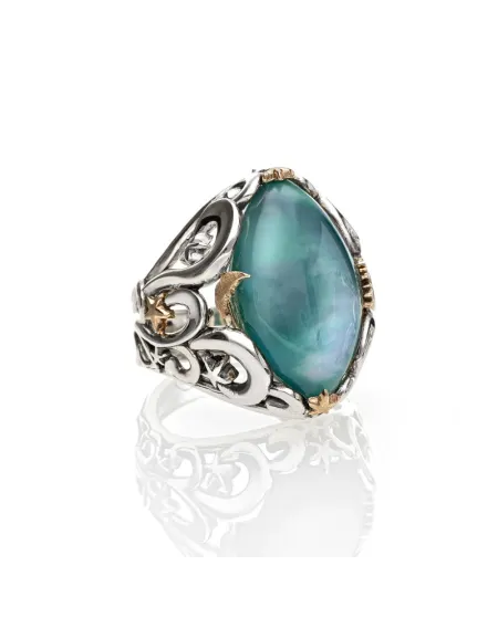 Bague Stardust de'Nobili en argent et or avec quartz navette vert