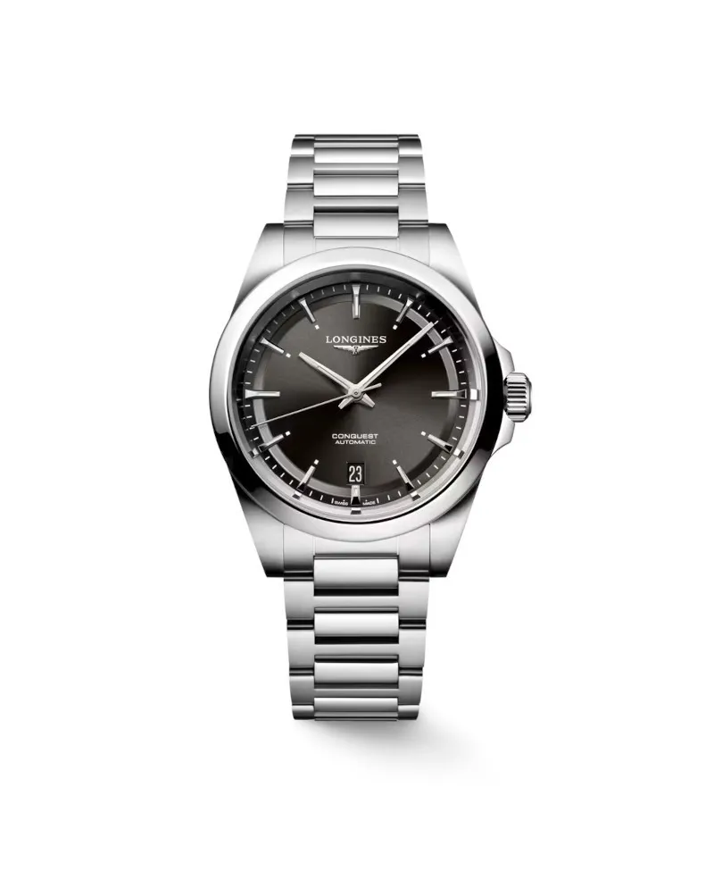 Longines Conquest Watch with Black Dial and Steel Strap 38mm