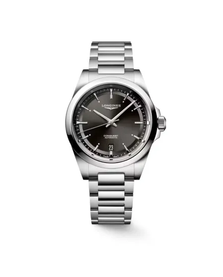 Longines Conquest Watch with Black Dial and Steel Strap 38mm