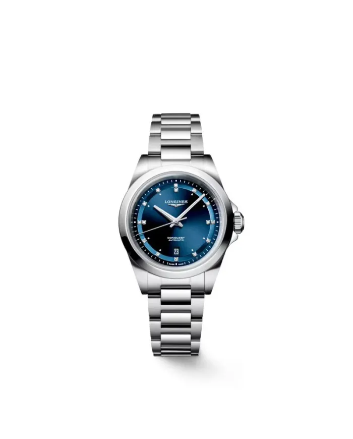 Montre Longines Conquest avec cadran bleu et bracelet en acier et diamants