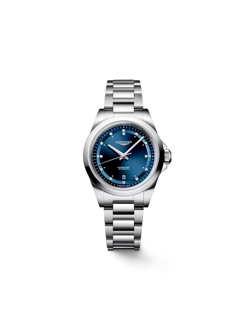 Montre Longines Conquest avec cadran bleu et bracelet en acier et diamants