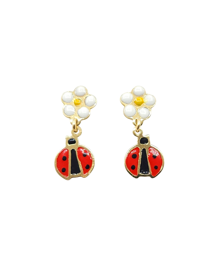 Casella Gioielli Yellow Gold Pendant Earrings for Girls with Enamelled Flowers and Ladybugs