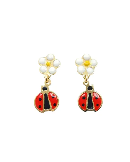 Orecchini Pendenti Bambina Casella Gioielli in Oro Giallo con Fiori e Coccinelle Smaltate