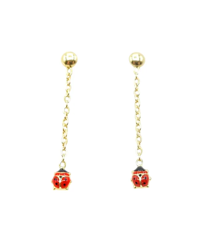 Casella Gioielli Yellow Gold Pendant Earrings for Girls with Enamelled Ladybugs