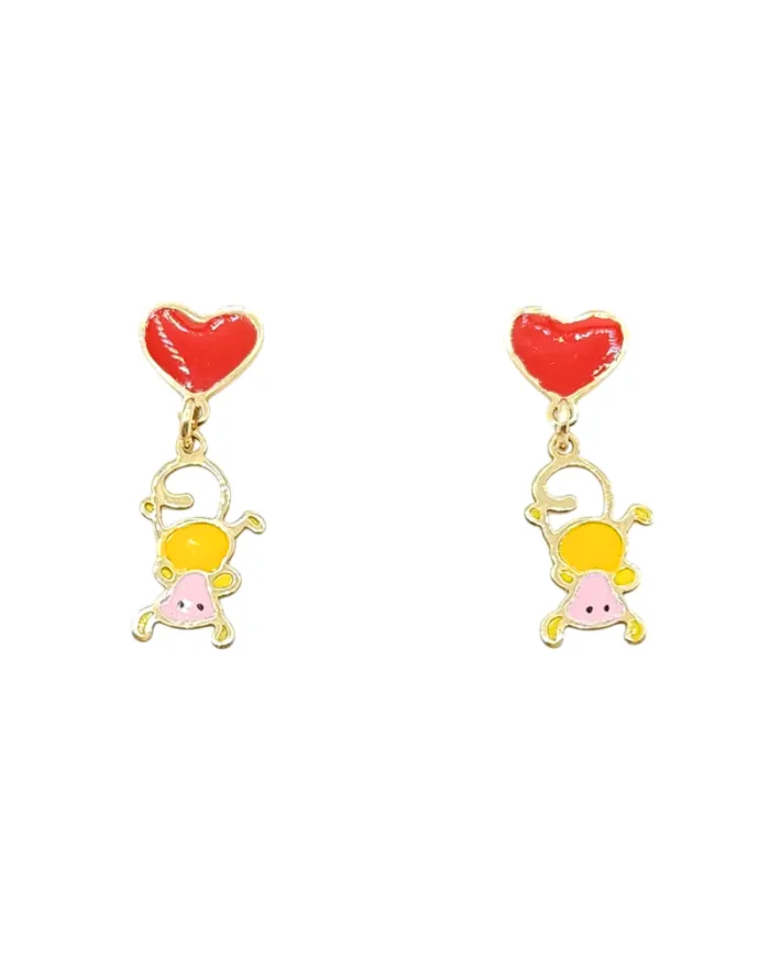 Casella Gioielli Yellow Gold Pendant Earrings for Girls with Enamelled Hearts and Monkeys